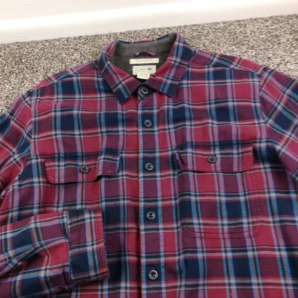 LL Bean Shirt Jacket Flannel Fleece Lined Purple Blue Plaid Mens Large Tall LT - Picture 3 of 8